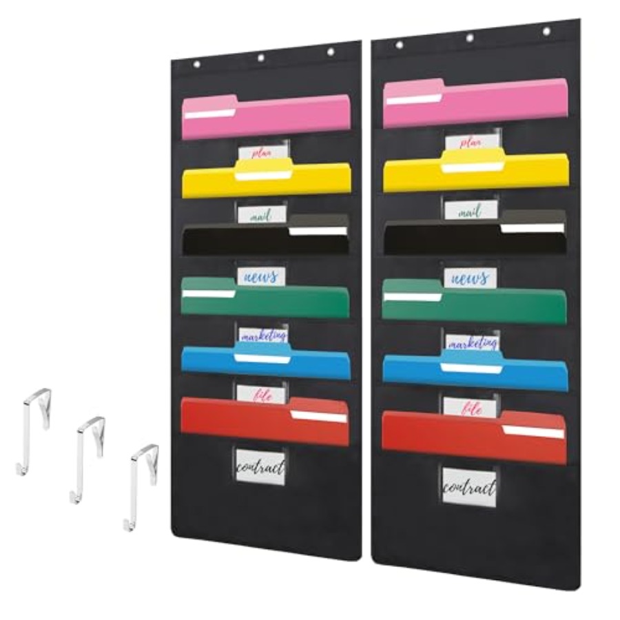 File Folder Hanging - 검정색 벽걸이 파일 정리함(6포켓), 2팩 벽걸이